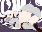  2023 black_horn blush breasts butt clothed clothing female hair harbour_princess hi_res horn horned_humanoid humanoid kantai_collection long_hair looking_back lurkin not_furry panties red_eyes shinkaisei-kan simple_background solo underwear white_hair 