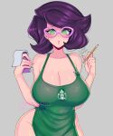  :o apron artist_name bare_shoulders barista big_hair blush breasts cleavage commission glasses green_eyes highres holding holding_notepad holding_pencil huge_breasts iced_latte_with_breast_milk_(meme) medium_hair meme naked_apron notepad pencil pink-framed_eyewear pokemon pokemon_(game) pokemon_sm purple_hair ruinique starbucks watermark wicke_(pokemon) 