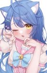  1girl ahoge amamiya_kokoro animal_ear_fluff animal_ears blue_hair blush cat_ears cat_girl commentary frills hair_ornament heart highres long_hair nijisanji one_eye_closed pink_sailor_collar puffy_short_sleeves puffy_sleeves sailor_collar short_sleeves solo x_hair_ornament yellow_eyes yukishiro_aile 