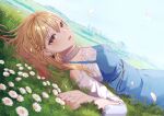  1girl 778-go bare_shoulders blonde_hair blue_dress blue_sky braid buta_no_liver_wa_kanetsu_shiro dress earrings falling_petals flower grass hair_between_eyes jess_(buta_no_liver_wa_kanetsu_shiro) jewelry long_sleeves looking_at_viewer lying medium_hair official_art on_back orange_eyes outdoors parted_lips petals sky smile solo white_flower 