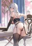  1girl ass bare_shoulders black_garter_belt black_gloves black_panties black_thighhighs blue_eyes breasts check_copyright closed_mouth copyright_request demon_tail elbow_gloves from_behind garter_belt gloves highres large_breasts long_hair looking_at_viewer original panties partially_visible_vulva single_glove solo swd3e2 tail thighhighs thighs underwear white_hair 