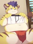 absurd_res anthro asian_clothing belly blush bulge clothing east_asian_clothing felid fundoshi fur hair hi_res japanese_clothing kai_(tamacolle) linger9999 male mammal moobs navel nipples overweight pantherine purple_hair solo striped_body striped_fur stripes tamacolle tiger underwear yellow_body yellow_fur 