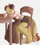  2023 absurd_res anthro chair clothed clothing dated digital_media_(artwork) eyes_closed female fully_clothed furniture green_body hi_res kobold lemon_(tohupo) signature simple_background sitting sleeping solo tohupo tongue tongue_out white_background 