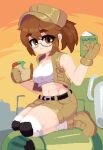  1girl abs belt black_belt book boots breasts brown_eyes brown_hair closed_mouth eating fio_germi food glasses gloves hat holding holding_book holding_food knee_pads metal_slug minimilieu multicolored_sky open_book orange_sky outdoors pixel_art ponytail sandwich seiza semi-rimless_eyewear sitting sky socks solo tank_top thick_eyebrows vest 