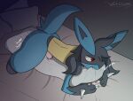  anthro bed bite blue_body blue_fur blush blush_lines bodily_fluids chastity_cage chastity_device fur furniture gaming gaming_controller generation_4_pokemon genital_fluids grey_body grey_fur grinding growling hi_res humping lucario male masturbation nintendo pillow pillow_bite pillow_humping pink_chastity_cage pink_chastity_device pokemon pokemon_(species) precum raised_tail red_eyes saliva solo spikes spikes_(anatomy) tail tan_body tan_fur wetchannel 