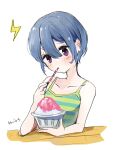  1girl camisole eating food highres mint_(mintlemonade3) purple_eyes shaved_ice shima_rin short_hair simple_background solo striped_camisole yurucamp 