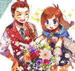  1boy 1girl :d ace_attorney antenna_hair apollo_justice asymmetrical_sidelocks blue_cape blue_eyes blush bouquet bracelet brother_and_sister brown_hair cape closed_eyes collared_shirt dress flower gloves green_necktie grey_dress hand_on_own_hip jewelry lapels long_hair low-tied_long_hair necktie open_mouth pants red_pants red_suit red_vest rocoya1 shirt short_dress short_hair siblings sleeves_rolled_up smile sparkle suit swept_bangs translation_request trucy_wright v-shaped_eyebrows vest white_background white_shirt 