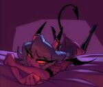  2023 bed bigdad bite biting_lip biting_own_lip butt clothed clothing female furniture helluva_boss humanoid imp kiki_(helluva_boss) looking_back lying not_furry on_bed on_front red_body red_eyes solo spade_tail tail 