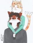  absurd_res adrien_warmher affectionate akizuki_(xefino) anthro arms_around_neck big_breasts black_nose bodily_fluids breasts brown_eyes brown_hair canid canine canis clothed clothing cuddling domestic_cat duo felid feline felis female fox fur green_clothing grey_clothing hair hi_res hybrid long_hair male male/female mammal mature_female orange_body orange_fur size_difference smaller_female smile sweat sweatdrop tail tail_motion tailwag white_body white_fur white_hands wolf xefino 