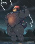  anthro balls bicep_curl biceps big_muscles big_pecs black_body bowser bowser&#039;s_fury bulge clothed clothing fire flexing flexing_bicep fury_bowser genitals hair hi_res horn humanoid_genitalia humanoid_penis koopa male mammal mario_bros moobs mostly_nude musclegut muscular muscular_anthro muscular_male muscular_thighs navel nintendo nipples pantheradraws pecs penis raining red_hair scalie shell solo spikes storm swimwear tail thick_thighs thong triceps underwear 