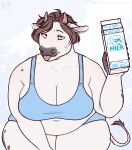  anthro aucherr belly bovid bovine breasts brown_eyes brown_hair cattle cleavage clothed clothing female fur hair hi_res holding_object horn looking_at_viewer mammal milk_carton navel overweight overweight_anthro overweight_female solo tongue tongue_out white_body white_fur 