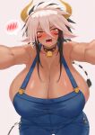  animal_ears armpits bell blue_overalls blush breasts brown_eyes cathyl commission cow_ears cow_girl cow_horns cow_tail cowbell cream_cod dark-skinned_female dark_skin highres horns huge_breasts monster_musume_no_iru_nichijou open_mouth overalls sweat tail 