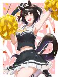  1girl ahoge alternate_costume alternate_hairstyle animal_ears armpits arms_up black_hair black_skirt blush border breasts character_name cheerleader commentary_request confetti ear_ornament hair_between_eyes highres horse_ears horse_girl horse_tail kitasan_black_(umamusume) looking_at_viewer medium_breasts midriff multicolored_hair navel open_mouth pleated_skirt pom_pom_(cheerleading) red_eyes ribehachi skirt smile solo streaked_hair tail umamusume white_border white_hair 
