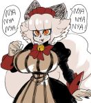  anthro big_breasts big_tail breasts catmaid_(cibastion) cibastion clothing dialogue domestic_cat dress fangs felid feline felis female fur hair huge_breasts huge_tail maid_headdress maid_uniform mammal open_mouth orange_eyes simple_background smile solo speech_bubble standing tail teeth text uniform white_body white_fur white_hair 