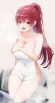  1girl breasts cleavage collarbone commentary covered_navel covering heterochromia highres hololive houshou_marine large_breasts long_hair nude_cover onsen open_mouth ponytail red_eyes red_hair sitting smile solo steam towel virtual_youtuber wading yellow_eyes yt9676 