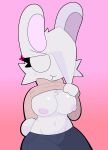  angry anthro big_breasts bottomwear breasts cheek_tuft chest_tuft clothing denim denim_clothing exposed_breasts facial_tuft female fur hi_res huge_breasts jeans lagomorph leporid mammal mature_female pants rabbit scut_tail short_tail solo spartancandy sweater tail teasing thick_thighs topwear tuft white_body white_fur 