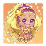  1girl :d amamiya_elena bare_shoulders blonde_hair blush boots chibi cure_soleil dark-skinned_female dark_skin dress earrings full_body hair_ornament hairband highres jewelry long_hair looking_at_viewer magical_girl mole mole_under_eye open_mouth orange_dress precure purple_eyes purple_hairband smile solo standing star_(symbol) star_hair_ornament star_twinkle_precure umiyuki_(umi_chu) very_long_hair wrist_cuffs yellow_footwear 