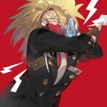  1boy answer_(guilty_gear) big_hair black_jacket blonde_hair brown_gloves business_card covered_mouth facial_mark fingerless_gloves forehead_mark gloves grey_necktie guilty_gear guilty_gear_xrd highres jacket long_hair long_sleeves luci_omi_gusu male_focus necktie parted_bangs ponytail red_background red_shirt semi-rimless_eyewear shirt simple_background upper_body 