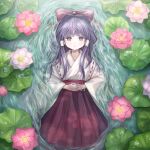  1girl bow flower hair_bow hair_tubes hakama hakurei_reimu hakurei_reimu_(pc-98) highres japanese_clothes long_hair long_sleeves lying lying_on_water miko pink_flower purple_eyes purple_hair red_bow red_hakama sasami_(shiroi_fuwafuwa) solo touhou touhou_(pc-98) water wide_sleeves 