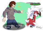  anthro blue_eyes butt claws clothed clothing duo english_text finger_claws fully_clothed fur generation_7_pokemon hi_res human looking_back lycanroc male mammal midnight_lycanroc nintendo pokemon pokemon_(species) ravieel red_body red_eyes red_fur scut_tail short_tail signature tail text white_body white_fur 