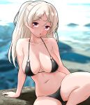  1girl bikini black_bikini breasts brown_eyes cleavage commentary_request conte_di_cavour_(kancolle) dated feet_out_of_frame furaggu_(frag_0416) highres kantai_collection large_breasts long_hair one-hour_drawing_challenge sitting solo swimsuit twitter_username two_side_up white_hair 