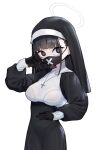  1girl alternate_costume black_gloves black_hair black_mask blue_archive blunt_bangs chuo8008 cross cross_necklace delinquent gloves habit halo highres jewelry mask mouth_mask necklace nun sukeban sukeban_(smg)_(blue_archive) surgical_mask upper_body veil white_background 