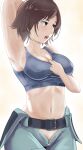  1girl arm_behind_head arm_up armpits belt blush bra_tug breasts brown_eyes brown_hair cleavage collarbone covered_nipples highres kazama_asuka large_breasts looking_to_the_side navel notactualbread open_mouth parted_bangs short_hair simple_background sports_bra steam steaming_body stomach sweat tekken unzipped zipper 