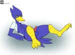  anthro avian avian_feet berdly bird blep blue_body blue_feathers clothed clothing deltarune eyewear feathers fours_(artist) glasses hi_res male nerd open_clothing open_shirt open_topwear shirt solo solo_focus tongue tongue_out topwear undertale_(series) 