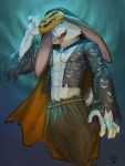  anthro belt bulge clothed clothing dave_(lion21) food fruit halloween hi_res holidays hood lagomorph leporid lion21 looking_at_viewer male mammal mask muscular open_clothing open_shirt open_topwear plant pumpkin rabbit rope rope_belt shirt simple_background slim solo tongue tongue_out topwear 
