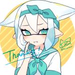  1girl aqua_eyes aqua_hairband border commentary_request commission hairband inkling inkling_girl inuowour medium_hair pointy_ears sailor_collar sailor_shirt school_uniform shirt signature solo splatoon_(series) tentacle_hair thank_you upper_body white_border yellow_background 