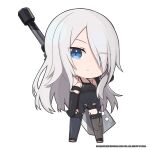  1girl a2_(nier:automata) bare_shoulders black_shorts black_thighhighs breasts chibi closed_mouth commentary english_commentary full_body goddess_of_victory:_nikke grey_hair hair_over_one_eye highres long_hair looking_at_viewer mole mole_under_mouth official_art short_shorts shorts solo standing sword thighhighs thighs totatokeke very_long_hair weapon 
