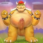 2023 absurd_res anthro armband artist_name balls belly big_balls big_belly big_penis blurred_background bowser bracelet claws cloud collar darksideofdiscovery erection eyebrows front_view genitals grass hair hi_res horn humanoid_genitalia humanoid_penis jewelry koopa looking_at_viewer male mario_bros nintendo non-mammal_balls nude outside overweight overweight_anthro overweight_male penis plant presenting presenting_penis scalie shadow shell sky smile solo spiked_armband spiked_bracelet spiked_collar spiked_shell spikes spikes_(anatomy) standing thick_penis thick_thighs vein watermark 