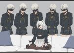  1girl 5boys arms_behind_back black_blindfold black_collar black_gloves black_hairband blindfold breasts cleavage cleavage_cutout clothing_cutout collar commentary couch gloves grey_hair hairband highres indian_style juliet_sleeves long_sleeves medium_breasts meme mole mole_under_eye multiple_boys multiple_persona nier:automata nier_(series) no_pants piper_perri_surrounded_(meme) puffy_sleeves shirl_geem sitting thighhighs turtleneck twitter_username watermark yorha_no._2_type_b yorha_no._9_type_s 