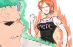  1boy 1girl anger_vein bad_id bad_twitter_id clenched_hand clenched_teeth commentary_request green_hair joman korean_commentary looking_at_another looking_down nami_(one_piece) one_piece orange_hair pink_eyes profile roronoa_zoro short_hair shoulder_tattoo sidelocks simple_background sweatdrop tank_top tattoo teeth upper_body 