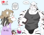  animal_ears arknights aslan_(leo&amp;aslan) bara black_male_underwear black_tank_top blank_stare blue_eyes blush_stickers book briefs bulge cartoonized character_request dark-skinned_male dark_skin deformed english_text facial_hair feet_out_of_frame from_side furry furry_male furry_with_furry furry_with_non-furry goatee highres holding holding_book interspecies large_pectorals leoandaslan_(leobongnana) licking licking_another&#039;s_cheek licking_another&#039;s_face long_sideburns love_potion male_focus male_underwear mountain_(arknights) muscular muscular_male no_mouth no_pants original pectorals protagonist_3_(housamo) scar scar_across_eye scar_on_arm short_hair sideburns solid_oval_eyes solo_focus standing strongman_waist tail tank_top thick_eyebrows tiger_boy tiger_ears tiger_tail tokyo_afterschool_summoners toon_(style) underwear v-shaped_eyebrows white_hair yaoi 