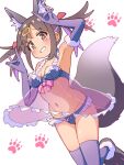  1girl animal_ear_fluff animal_ears armpits arms_up babydoll black_hair black_panties bow bow_panties breasts brown_eyes commentary dot_nose double_fox_shadow_puppet elbow_gloves fox_ears fox_shadow_puppet fox_tail frilled_panties frills fur-trimmed_gloves fur_trim gloves grin hair_ornament hair_ribbon hairclip highres light_blush long_hair looking_at_viewer medium_breasts multicolored_hair navel nuurise2023 onii-chan_wa_oshimai! oyama_mihari panties paw_print paw_print_background paw_shoes purple_gloves purple_hair purple_thighhighs red_ribbon ribbon see-through simple_background smile solo stomach tail thighhighs twintails two-tone_hair underwear white_background 