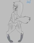  2023 absurd_res anthro bulge butt canid canine canis clothed clothing clothing_lift digitigrade domestic_dog facial_markings girly grey_background greyscale grinning_at_viewer head_markings hi_res looking_back male mammal markings monochrome paws rear_view renv signature simple_background solo 