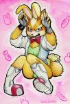  anthro blush boots bulge canid canine clothed clothing crossdressing embarrassed fake_ears fake_rabbit_ears footwear fox fox_mccloud fur green_eyes male mammal nintendo orange_body orange_fur playboy_bunny playboy_outfit solo star_fox ulala_ko 