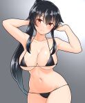  1girl bikini black_bikini black_hair blush breasts cleavage closed_mouth collarbone cowboy_shot furaggu_(frag_0416) gradient_background grey_background highres kantai_collection large_breasts long_hair looking_at_viewer micro_bikini ponytail red_eyes sidelocks solo standing swimsuit white_background yahagi_(kancolle) 