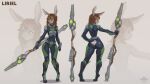  16:9 4_toes absurd_res animal_humanoid anthro bodysuit breasts brown_hair bubble_butt butt clothing feet female fur green_eyes grey_body grey_fur hair hi_res humanoid lagomorph lagomorph_humanoid leporid leporid_humanoid liriel_thistlefoot_(pelorix) mammal mammal_humanoid pose rabbit rabbit_ears science_fiction skinsuit solo staff standing_on_toes temils tight_clothing toes torc weapon widescreen 