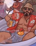  1boy 2girls abs alternate_costume bara bare_pectorals beard brimstone_(valorant) brown_hair facial_hair feet_out_of_frame grey_hair grey_male_swimwear hat hawaiian_shirt highres holding holding_hose hose large_pectorals looking_at_viewer male_focus male_swimwear mature_male multiple_girls muscular muscular_male mustache nipples old old_man out_of_frame partially_submerged pectorals round_eyewear rubber_duck shirt short_hair sitting solo_focus spread_legs sunglasses tadaoki_art thick_eyebrows two-tone_beard valorant 