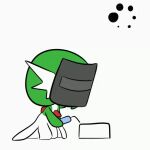  1:1 2020 animated chibi empty_eyes face_shield female gardevoir generation_3_pokemon green_hair hair humanoid mask mferite nintendo not_furry pokemon pokemon_(species) short_playtime solo welding welding_mask welding_torch white_eyes 