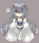 1girl bandage_over_one_eye bare_shoulders character_name dress grey_background grey_eyes grey_hair hair_between_eyes hair_ornament hairclip highres holding long_hair nikubanare no.21:_xxi_(punishing:_gray_raven) no.21_(punishing:_gray_raven) non-humanoid_robot punishing:_gray_raven robot sidelocks sleeves_past_fingers sleeves_past_wrists solo suspenders white_dress 