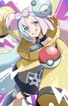  1girl bow-shaped_hair breasts character_hair_ornament commentary_request eyelashes green_hair grey_shirt grin hair_ornament head_tilt highres iono_(pokemon) jacket knees korokoro_nekoz looking_at_viewer multicolored_hair pink_eyes pink_hair poke_ball poke_ball_(basic) pokemon pokemon_(game) pokemon_sv shirt single_leg_pantyhose sleeveless sleeveless_shirt smile solo teeth thigh_strap two-tone_hair yellow_jacket 