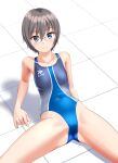  1girl absurdres blue_eyes clothes_writing collarbone commentary_request competition_swimsuit covered_navel cowboy_shot glasses grey_hair highres leaning_back logo looking_at_viewer multicolored_clothes multicolored_swimsuit one-piece_swimsuit original short_hair sitting solo spread_legs swimsuit takafumi tile_floor tiles tomboy two-tone_swimsuit variant_set 