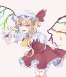  1girl ascot flandre_scarlet hat hat_ribbon highres kanaria_(bocmn) leaning_forward long_hair looking_at_viewer mob_cap one_side_up open_mouth pointy_ears red_eyes red_ribbon red_skirt red_vest ribbon shirt short_sleeves shorts simple_background skirt solo touhou vest white_headwear white_shirt wings wrist_cuffs yellow_ascot 