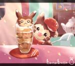  :d animal_focus artist_name brown_fur food furret hanabusaoekaki hat ice_cream no_humans open_mouth parfait plate pokemon pokemon_(creature) red_headwear smile solid_oval_eyes solo spoon teapot two-tone_fur white_fur window 