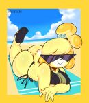  absurd_res animal_crossing anthro beach beach_towel big_butt bikini breasts butt canid canine canis clothing cloud domestic_dog eyewear female footwear hi_res isabelle_(animal_crossing) lying mammal nintendo on_front panthera_cantus sandals seaside smile solo sunglasses swimwear towel wide_hips 