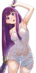  1girl absurdres arm_up armpits blunt_bangs breasts dress fern_(sousou_no_frieren) highres large_breasts long_hair looking_at_viewer open_mouth purple_eyes purple_hair see-through sleeveless sleeveless_dress solo sousou_no_frieren standing wet wet_clothes wet_dress white_dress yami_anko 