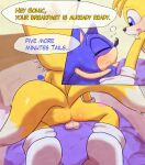  anus balls bed bedroom butt clothing duo english_text footwear furniture genitals hi_res male male/male miles_prower onechan rear_view sega sitting sitting_on_another sleeping socks sonic_the_hedgehog sonic_the_hedgehog_(series) text 